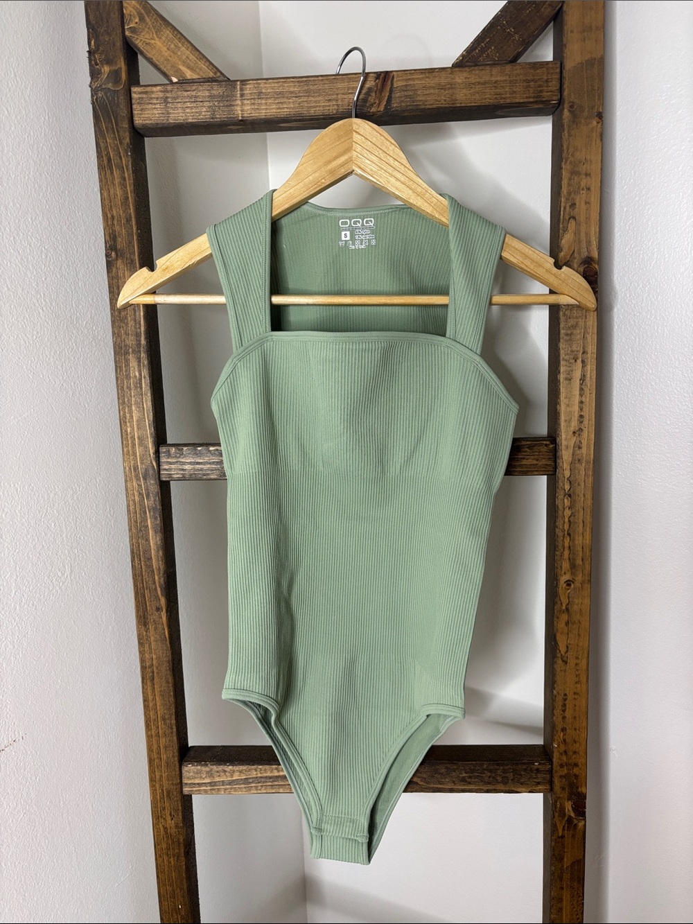 OQQ Ribbed Square Neck Bodysuit in Light Sage Size S